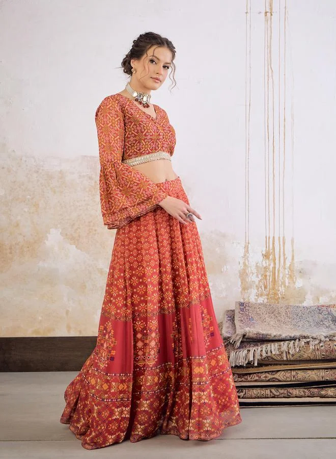 SASSAFRAS Maroon Floral Frill Sleeves Crop Top With Anarkali Skirt